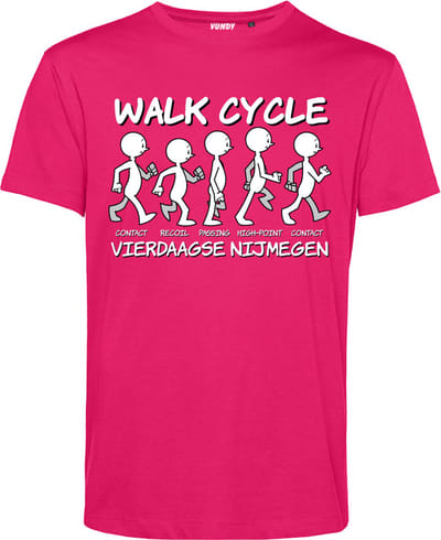 T-shirt Walk Cycle | Vierdaagse shirt | Wandelvierdaagse Nijmegen | Roze woensdag | Roze | maat XS