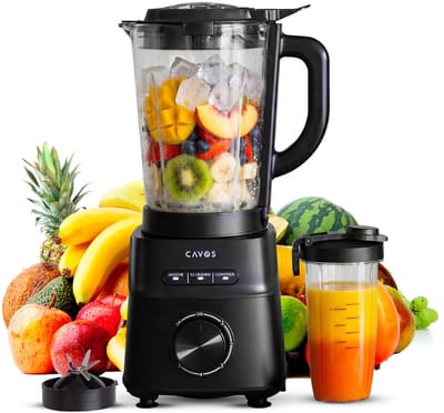 Cavos Blender 1200W - Smoothie Blender met Glazen Kan 1,5L & To-Go Beker 600ml - Ice Crush - Krachtige power blender - 5 Snelheden - RVS - Zwart