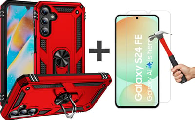 Hoesje Geschikt voor Samsung Galaxy S24 FE hoesje - Hybrid Armor Anti-Shock hoes - Arara Ringhouder TPU backcover met gehard glas Screenprotector - Rood