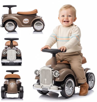 sun baby Loopauto voor kinderen vanaf 1 jaar Retro Classic, kinderauto, loophulp met claxon, pieptoon, opbergvak onder zitting (Bruin)
