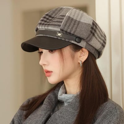 Japanse en Koreaanse Lente en Herfst Achtkantige Hoed Dames Ruit Beret Casual en Veelzijdig Britse Stijl Baseballpet Warme Schildersmuts average size black