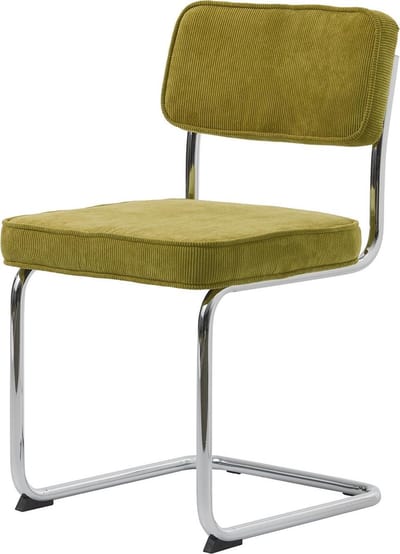 Set van 4 Ruffle eetkamerstoel in groene stof en chromen onderstel.