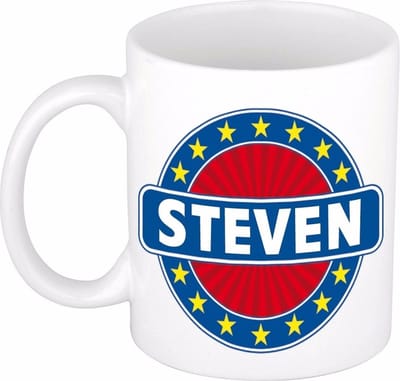 Bellatio Decorations - Steven voornaam - koffiemok - beker - wit/blauw - 300 ml - Cadeau - Heren - Collega - Vaderdag - Verjaardag