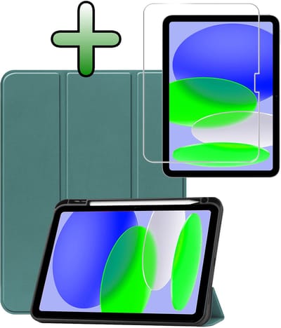 Hoesje Geschikt voor Apple iPad A16/A18 (2025/2026) - 11 inch (11e & 12e generatie) - Met Screenprotector - Trifold Bookcase - Hard Cover Case - Met Uitsparing Geschikt voor Apple Pencil - Hardcover Book - Tablet Hoes - Donkergroen