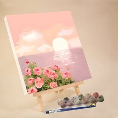 Nalovi - Schilderen op nummer - Op canvas - Zonsondergang & Bloemen - 20x20 cm - Compleet DIY schilderpakket - Voor volwassenen – Ontspannende hobby