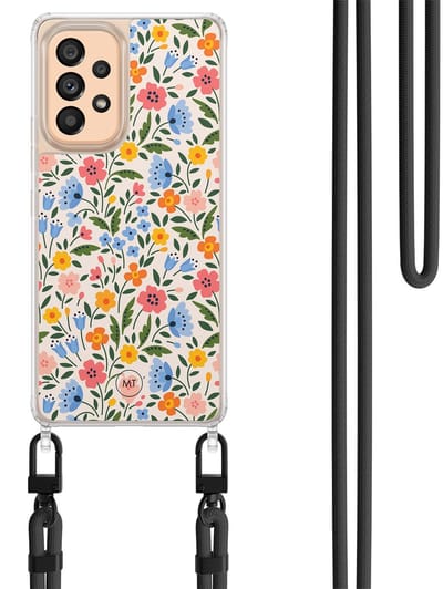 Hoesje met koord geschikt voor Samsung Galaxy A53 - Romantische bloemen - Inclusief Zwart koord - Crossbody beschermhoes - Transparant, Multi - Mooie Telefoonhoesjes