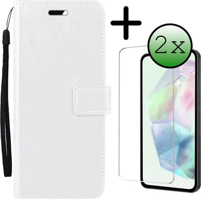 Hoesje Met 2x Screenprotector - Geschikt voor Samsung Galaxy A35 - Luxe Pasjeshouder - Bookcase Portemonee - Flip Case - Kunstleer Book Case - Flipcase Hoes - Book Cover - Walletcase - Portemonneehoes - Wit