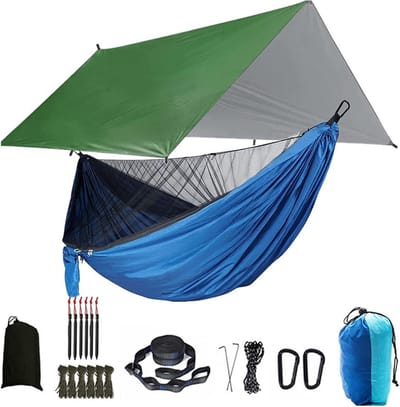 Hangmat Tent - Kampeeruitrusting - Outdoor Ontspanning - Ingebouwd Muggennet - 290 x 140 cm - Geel en Blauw