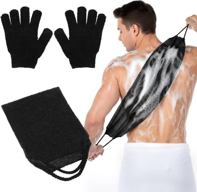 Set van 2 exfoliërende rugscrubber badhandschoenen en douchehanddoek voor het verwijderen van dode huidcellen en het verbeteren van de huidtextuur