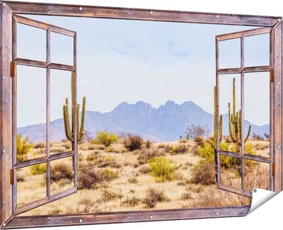 Gards Tuinposter Doorkijk Cactussen in de Woestijn - 180x120 cm - Tuindoek - Tuindecoratie - Wanddecoratie buiten - Tuinschilderij