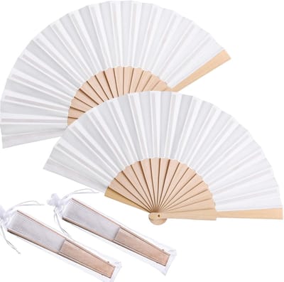 Daity 2 stuk – Stoffen Handwaaiers – Chinese en Japanse Opvouwbare Waaiers (8,27 inch) met Trekkoordzakjes – Draagbaar – Voor Dames, Bruiloften, Dansen, Kerk, DIY-projecten en Zomerfeestjes (Wit)