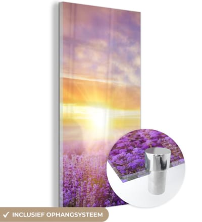 MuchoWow® Glasschilderij 20x40 cm - Schilderij acrylglas - Lavendel - Zon - Lucht - Natuur - Foto op glas - Schilderijen