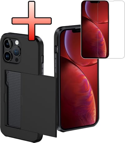 Hoes Geschikt voor iPhone 14 Pro Hoesje Pasjeshouder Hard Cover Met Screenprotector Shock Proof Hard Case Hoes Met Kaarthouder - Zwart
