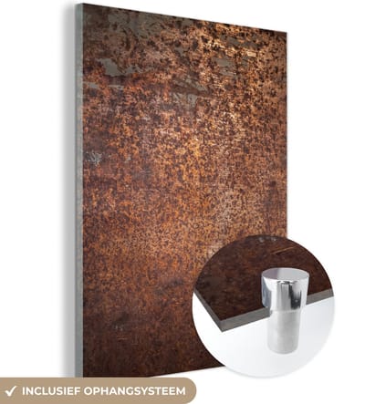 MuchoWow® Glasschilderij 120x160 cm - Schilderij acrylglas - Staal - Roest - Brons - Structuur - Foto op glas - Schilderijen