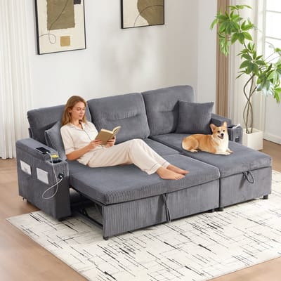 DESMIU Slaapbank 212,5 Cm - 3-Zits Met USB-C, Opbergruimte En Uittrekbaar Bed - Voor Woonkamer En Lounge - Corduroy Carbon Grijs