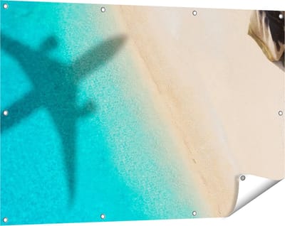 Gards Tuinposter Silhouet van een Vliegtuig op het Strand - 120x80 cm - Tuindoek - Tuindecoratie - Wanddecoratie buiten - Tuinschilderij