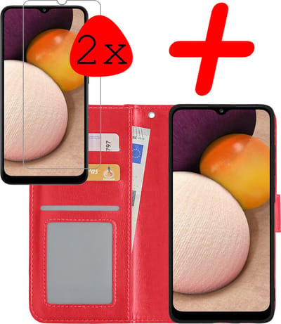 Hoesje Met 2x Screenprotector - Geschikt voor Samsung Galaxy A02s - Luxe Pasjeshouder - Bookcase Portemonee - Flip Case - Kunstleer Book Case - Flipcase Hoes - Book Cover - Walletcase - Portemonneehoes - Rood