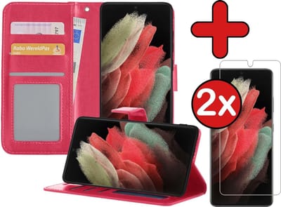 Hoesje - Met 2x Screenprotector - Geschikt voor Samsung Galaxy S21 Ultra - Luxe Pasjeshouder - Flip Case - Bookcase Portemonee - Kunstleer Book Case - Flipcase Hoes - Book Cover - Walletcase - Portemonneehoes - Telefoonhoes - Donkerroze