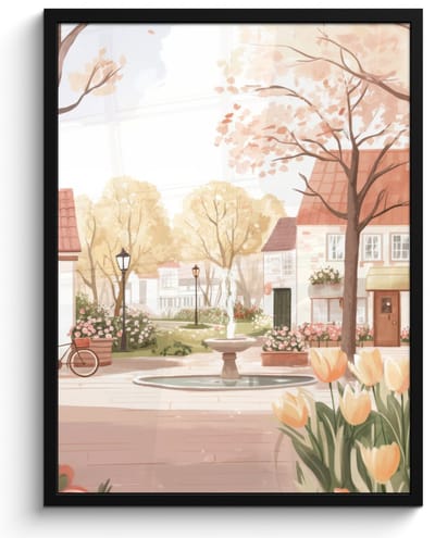 Poster in lijst - Fotolijst 50x70 cm - Posters - Dorpsplein - Fontein - Tulpen - Posterlijst zwart - Decoratie - Wanddecoratie woonkamer - Muurdecoratie slaapkamer