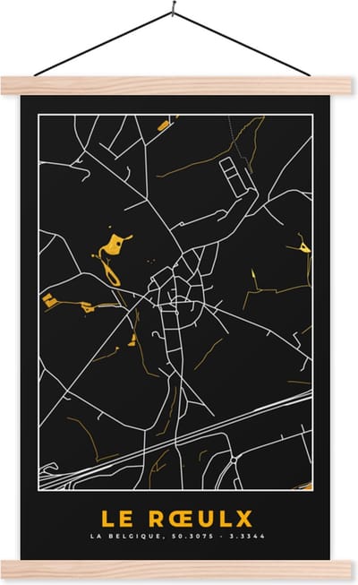 Posterhanger incl. Poster 40x60 cm - Schoolplaat - Le Rœulx - Stadskaart - Goud - Kaart - Plattegrond - Textielposter - Blanke latten - Stadskaart