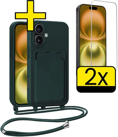 Hoesje Geschikt voor iPhone 16 Plus Telefoonhoesje Met Koord Case Pashouder Met 2x Screenprotector Siliconen - Hoes Geschikt voor iPhone 16 Plus Hoesje Met Kaarthouder - Donkergroen