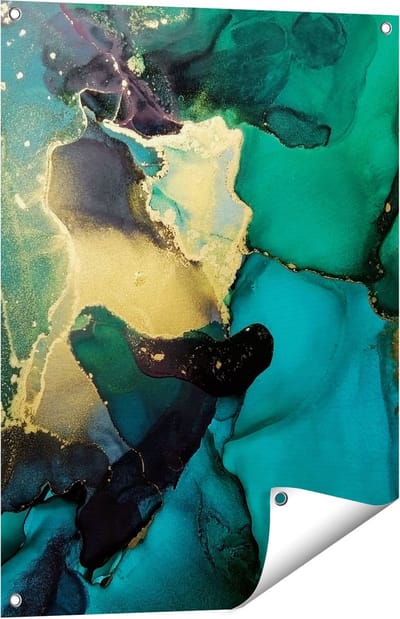 Gards Tuinposter Abstracte Kunst - Groen met Goud - 60x80 cm - Tuindoek - Tuindecoratie - Wanddecoratie buiten - Tuinschilderij