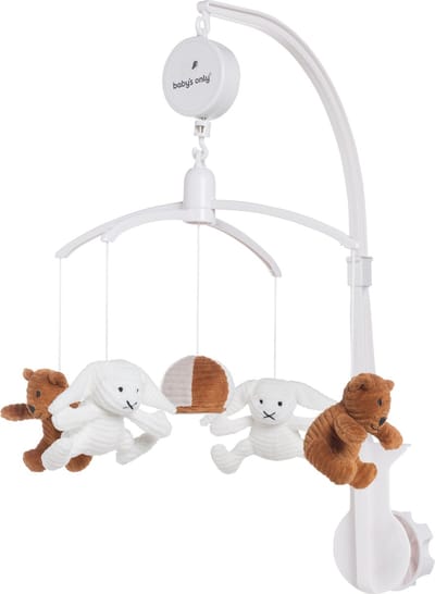 Baby's Only Muziekmobiel baby - Boxmobiel Sense - Caramel/Kiezelgrijs/Wit - Figuurtjes van zachte rib corduroy stof - Muziek speelgoed - Melodie 'It's a small world'