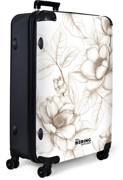 NoBoringSuitcases.com® - Koffer groot - Reiskoffer lichtgewicht - Wit met beige bloemen - Rolkoffer met 4 wielen - Grote trolley XL - 98 liter bagage