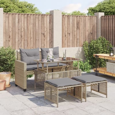vidaXL - 4-delige - Loungeset - met - kussens - poly - rattan - en - glas - beige