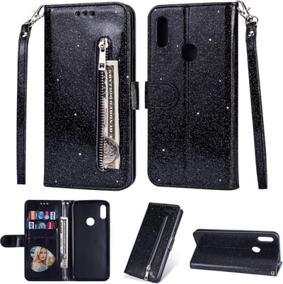 Glitter Bookcase Hoesje Geschikt voor: Samsung Galaxy A20e met rits - hoesje - portemonneehoesje - Zwart - ZT Accessoires