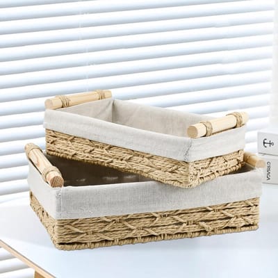 Set van 2 rechthoekige rieten opbergmanden, gevlochten broodmand, met linnen voering, broodmand, gevlochten rieten mand, boho, voor woonkamer, badkamer, keuken