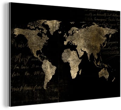 Aluminium schilderij 90x60 cm - Wanddecoratie metaal - Wereldkaart - Goud - Vintage - Metalen muurdecoratie woonkamer - Decoratie industrieel - Foto op dibond - Industriële accessoires slaapkamer
