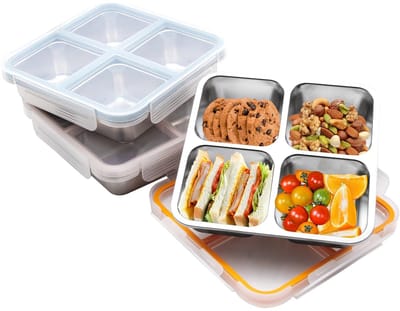 Brooddoos Met Compartimenten 3-Delige Set, 4 Vak Snackbox Van Roestvrij Staal, Gescheiden Maaltijd Voorbereiding Lunchbox Van Metaal, Voedselo