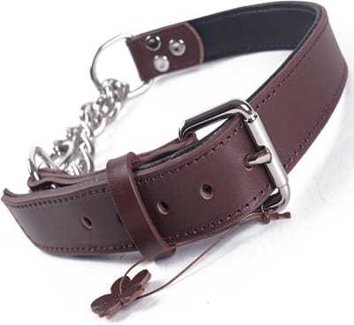 halve martingale-hondenhalsband met voering – Verstelbare martingale-halsband met ketting, halve martingale-hondenhalsband van leer, geschikt voor kleine, middelgrote en grote honden (bruin, L)