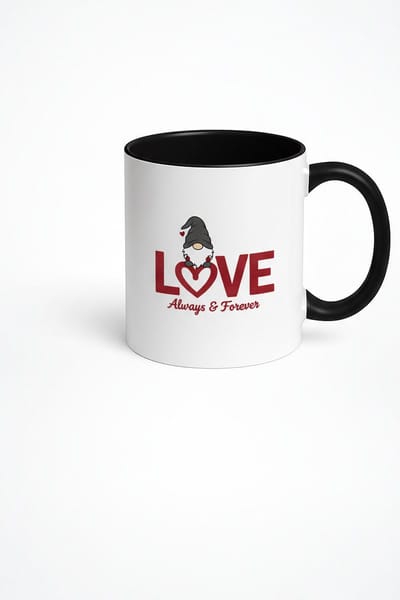 Valentijns Mok Love Gnome - Always & Forever Liefdesbeker met Hart & Kabouter Design - Wit/Zwart Keramiek