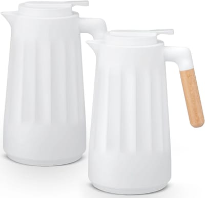 2 Stuks 1 Liter Thermoskan - Dubbelwandig Vacuüm - Glazen Voering - Houten Handvat - Houd Heet Of Koud - Voor Koffie - Thee maker - ketel Camping - Theepot - Waterkoker - Melk - Wit