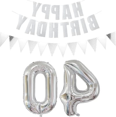 Feestelijke Zilveren Ballonnen 40 Jaar, Happy Birthday Slingers en Folie Ballonnen voor 40e Verjaardag Decoratie voor Mannen en Vrouwen