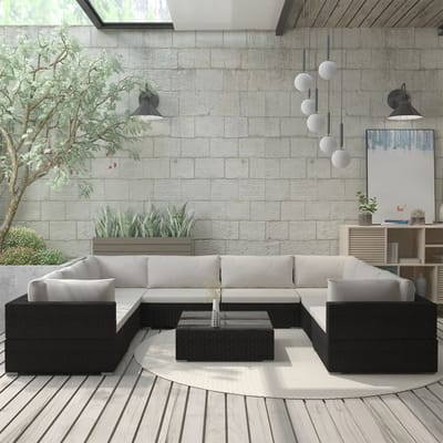 vidaXL - 9-delige - Loungeset - met - kussens - poly - rattan - zwart