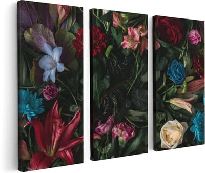 Artaza Canvas Schilderij Drieluik Kleurrijke Bloemen Met Groene Bladeren - 120x80 cm - Wanddecoratie Woonkamer - Schilderijen - Muurdecoratie