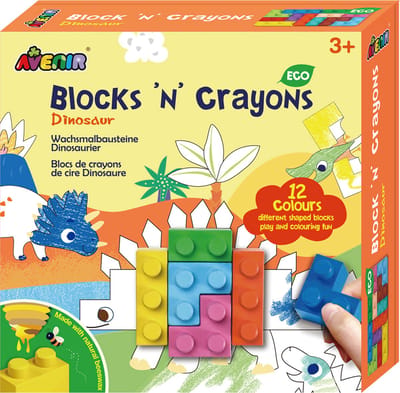 AVENIR Blocks 'N Crayons - Dinosaurus - 12 Kleuren En 3 Blokvormen - 3 Kleurplaten - 3 Jaar