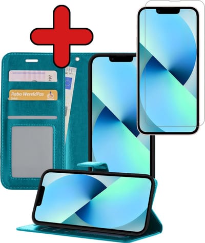 Hoesje - Met Screenprotector - Geschikt voor Apple iPhone 14 - Luxe Pasjeshouder - Flipcase - Bookcase Portemonee - Flip Case - Kunstleer Book Case - Book Cover - Walletcase - Portemonneehoes - Telefoonhoes - Turquoise