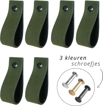 Handles and more - 6x Leren handgrepen lusjes - Kaki - XS (12,6cm) - incl. 3 kleuren schroefjes (handgreepjes - leren handgrepen - greepjes - leren lusjes)
