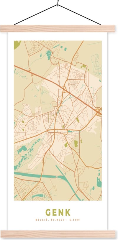 Posterhanger incl. Poster 60x120 cm - Schoolplaat - Kaart - Genk - Stadskaart - Vintage - Plattegrond - Textielposter - Blanke latten - Stadskaart