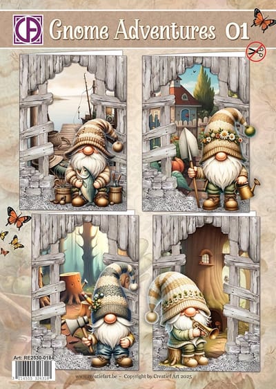 Kaartenpakket - Gnome Adventures 01 - Voor het maken van 4 prachtige 3D-wenskaarten - Gratis verzonden - RE2530-0184