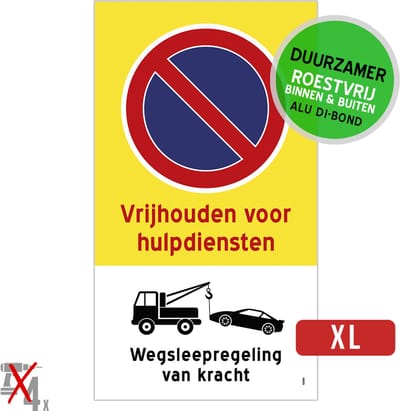 Pictogram/ bord XL Dibond | Parkeerverbod - "Vrijhouden voor hulpdiensten - Wegsleepregeling van kracht" | 27 x 50 cm | Brandweg | Doorgang | Roestvrij | Duurzaam | 1 stuk