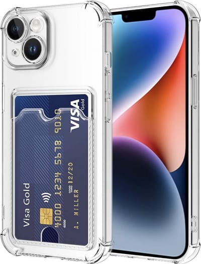 YPCd Pasjeshouder Hoesje Geschikt voor Apple iPhone 14 Plus – Backcover met Kaartvak – Shockproof TPU – Verhoogde Randen – Transparant