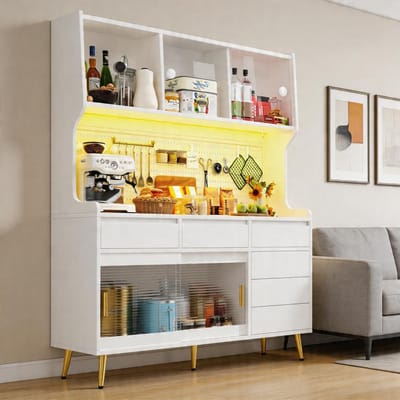 KOMHTOM - Moderne hoge kast - LED-verlichting - App-bediening - Perforatieplaat - Lade - 145x39x171 cm - Wit