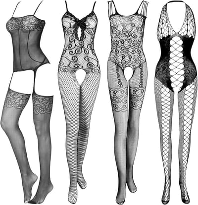 Set van 4 verstelbare visnet-lingeriesets - elastische kanten bodysuits, sexy babydoll en nachtkleding voor vrouwen, zwart, één maat, perfect voor romantische avonden