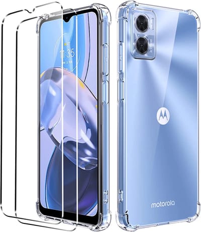 Hoesje en Glas Geschikt voor Motorola Moto G06 - Transparant - Casemania Anti Shock Hybrid Back Cover + 2x Tempered Glazen Screenprotector - Val/Stoot Bescherming