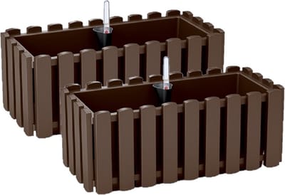 Prosperplast Plantenbak/bloembak Fence look - 2x - kunststof - houtbruin - 38 x 18 x 16 cm